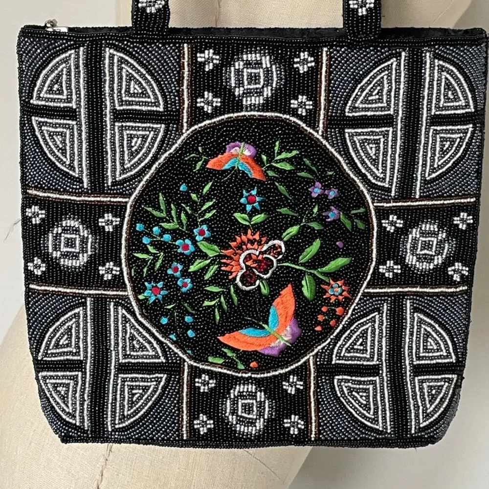 Beaded Bird Butterfly Tote Black Artisan Embroidered Statement Bag